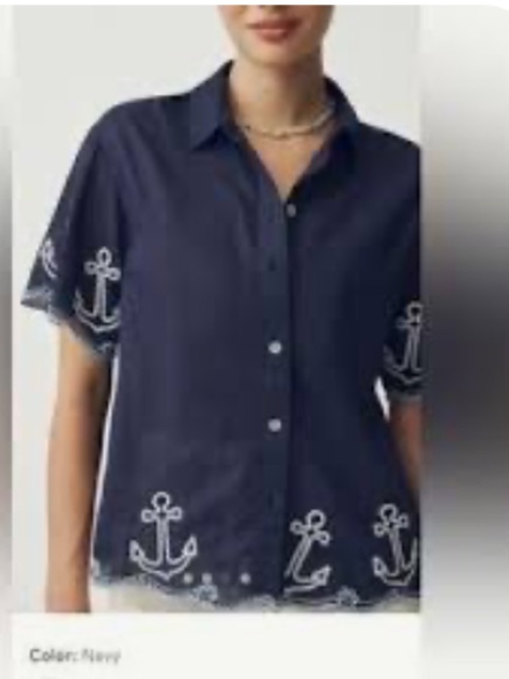 NWT Anthropologie Maeve Navy Anchor-Embroidered Button-Down Shirt Medium